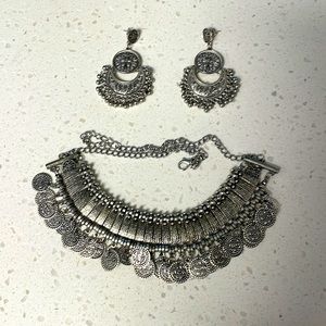 Silver Boho Statement Coin Earrings & Necklace set